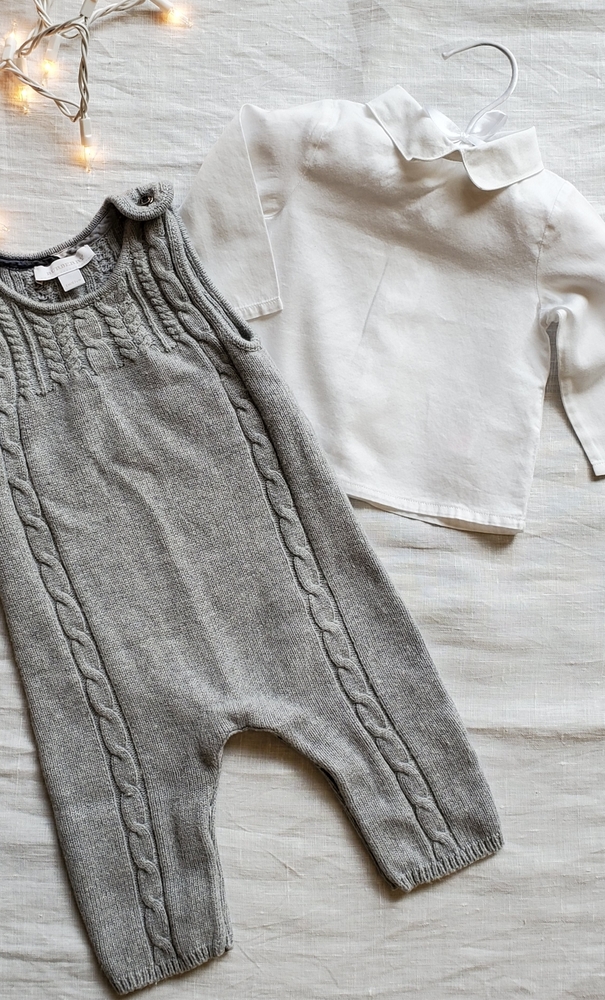 Burberry Gray Cable Knit Romper with White Collared Top